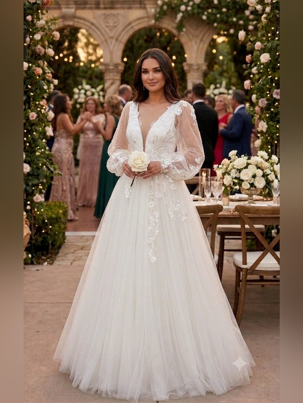 NWT Tarik Ediz Size 10 Ivory Long Sleeve Tulle Wedding Gown with Floral Appliqué